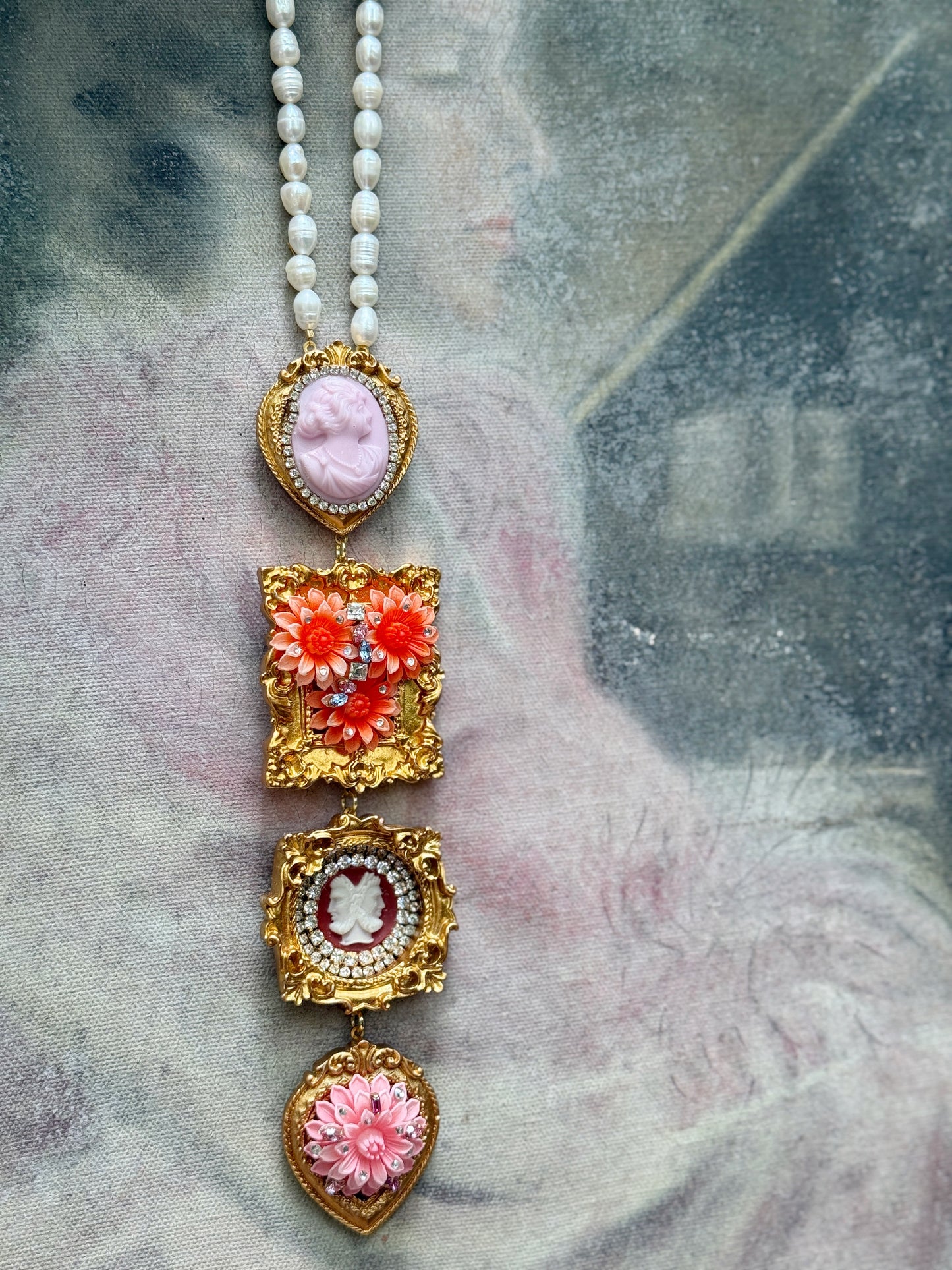 Floral gallery wall tie necklace