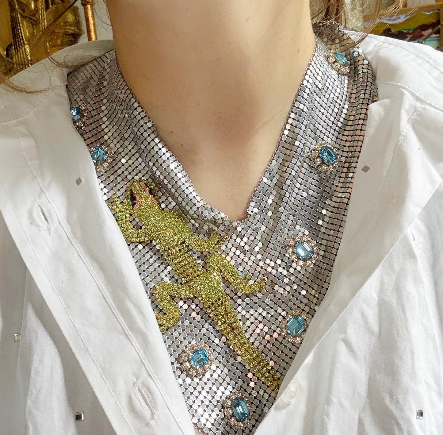 Silver lizard mesh statement necklace