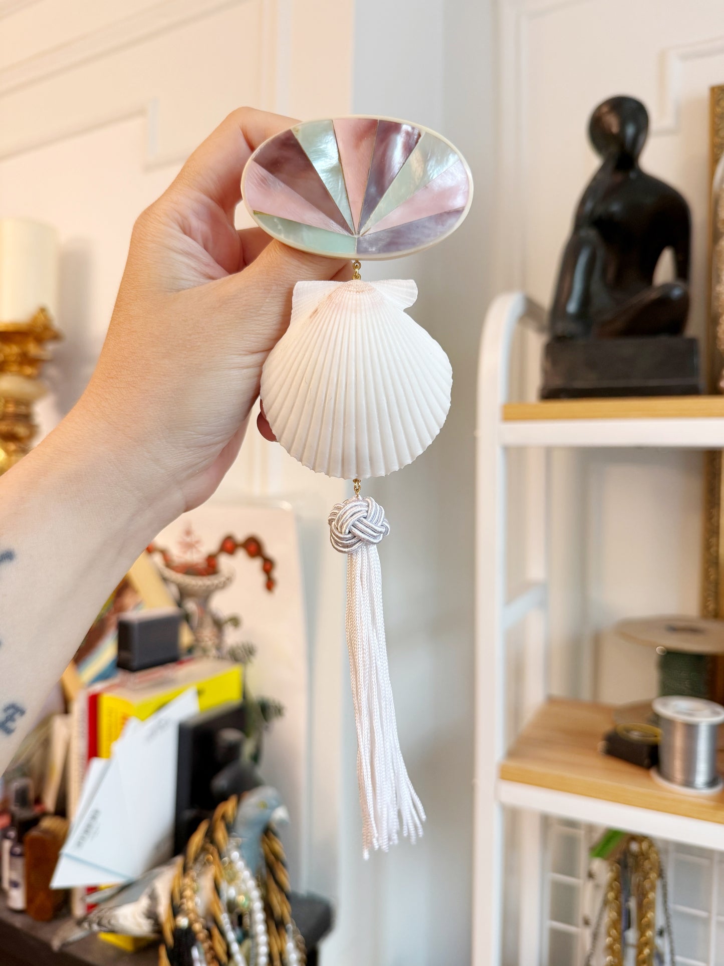 Mother of pearl shell tassel brooch