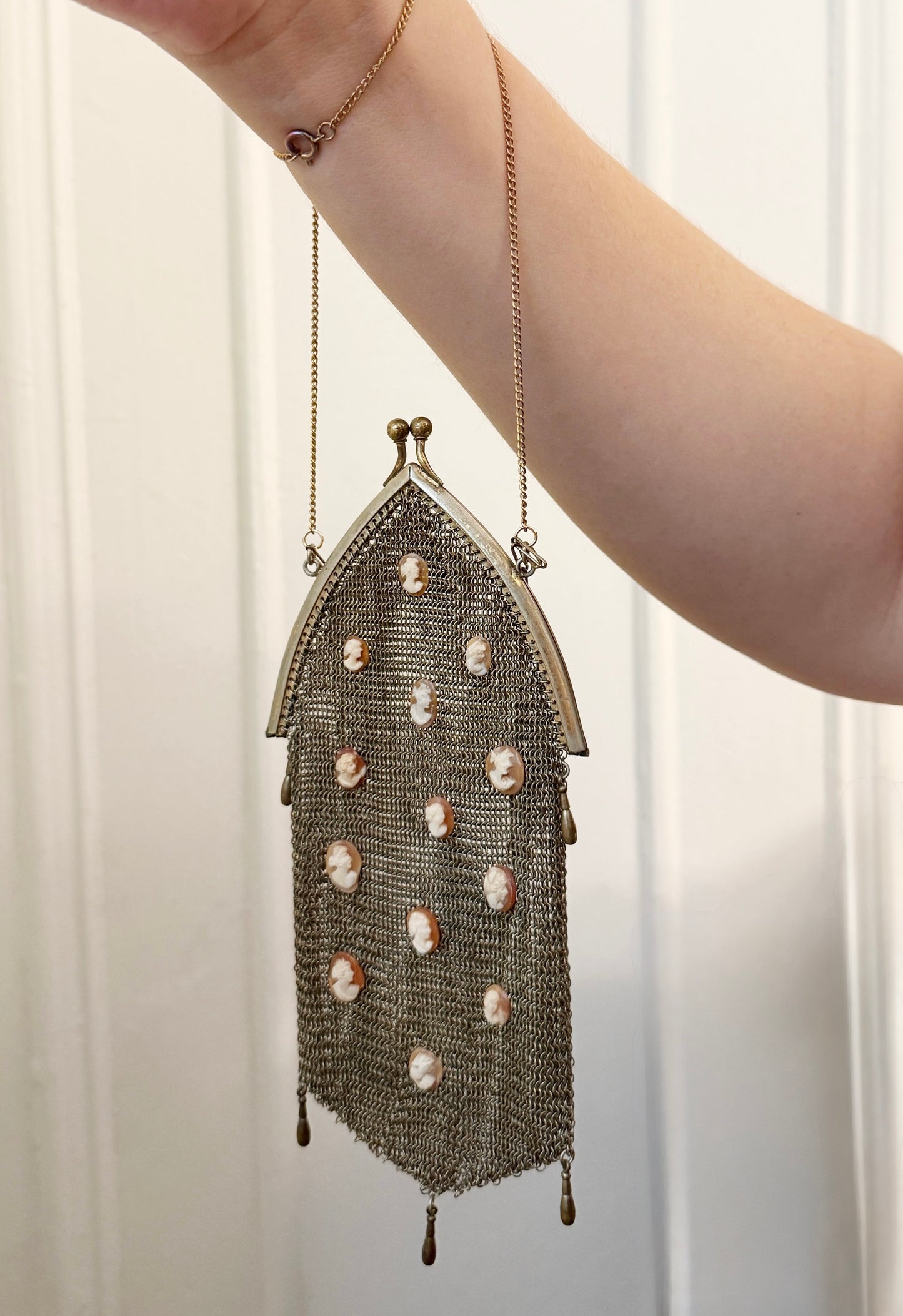 Antique cameo chainmail necklace purse