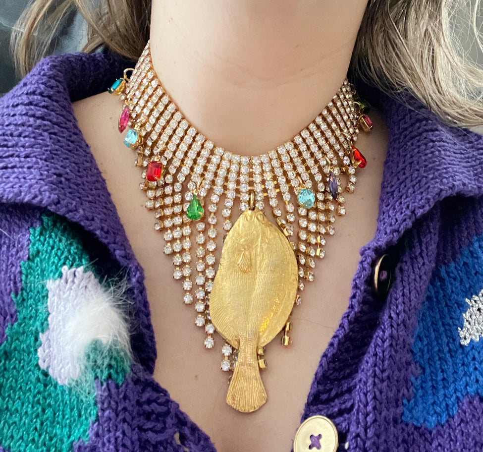 Fish party rhinestone fringe necklace