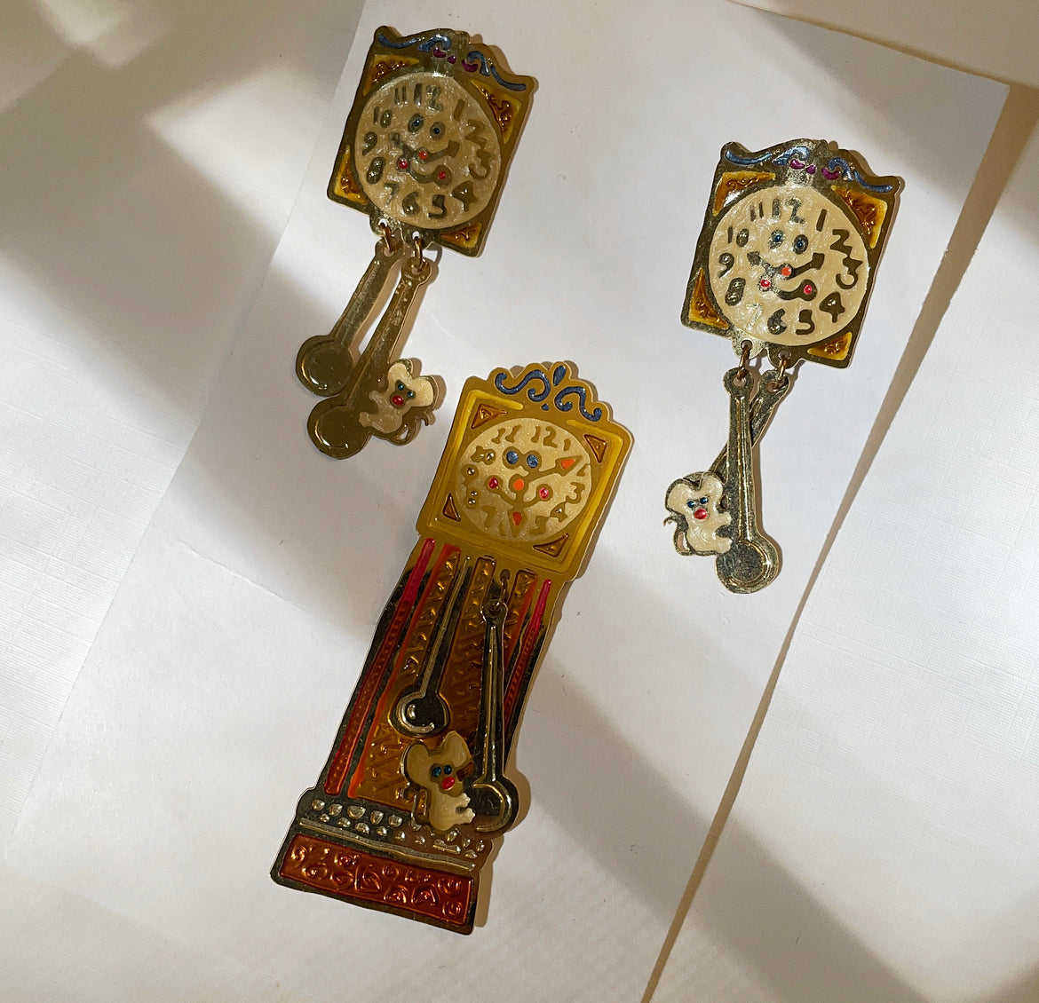 Vintage grandfather clock earrings and brooch set