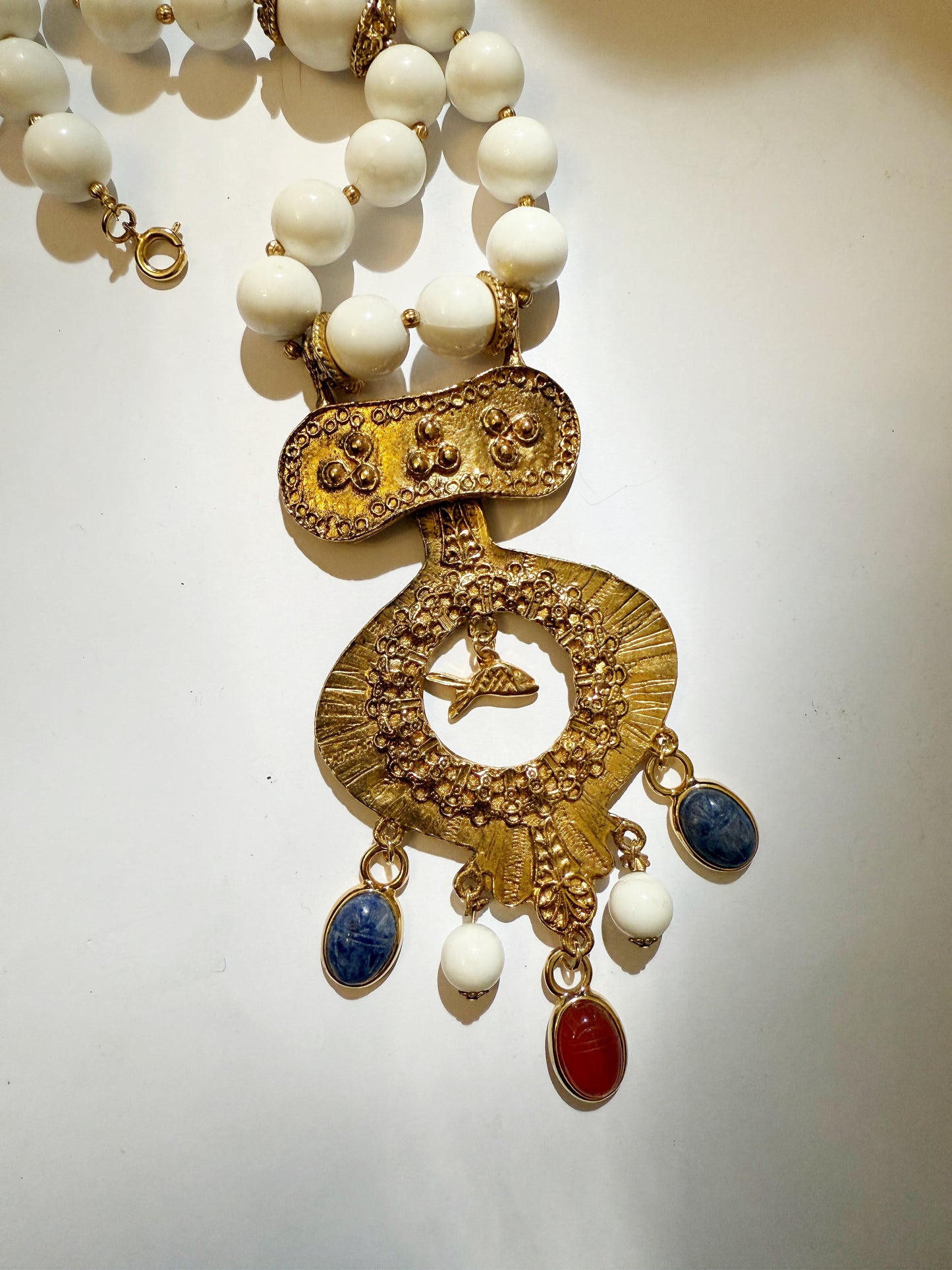 Vintage bead fish and scarab beetle necklace