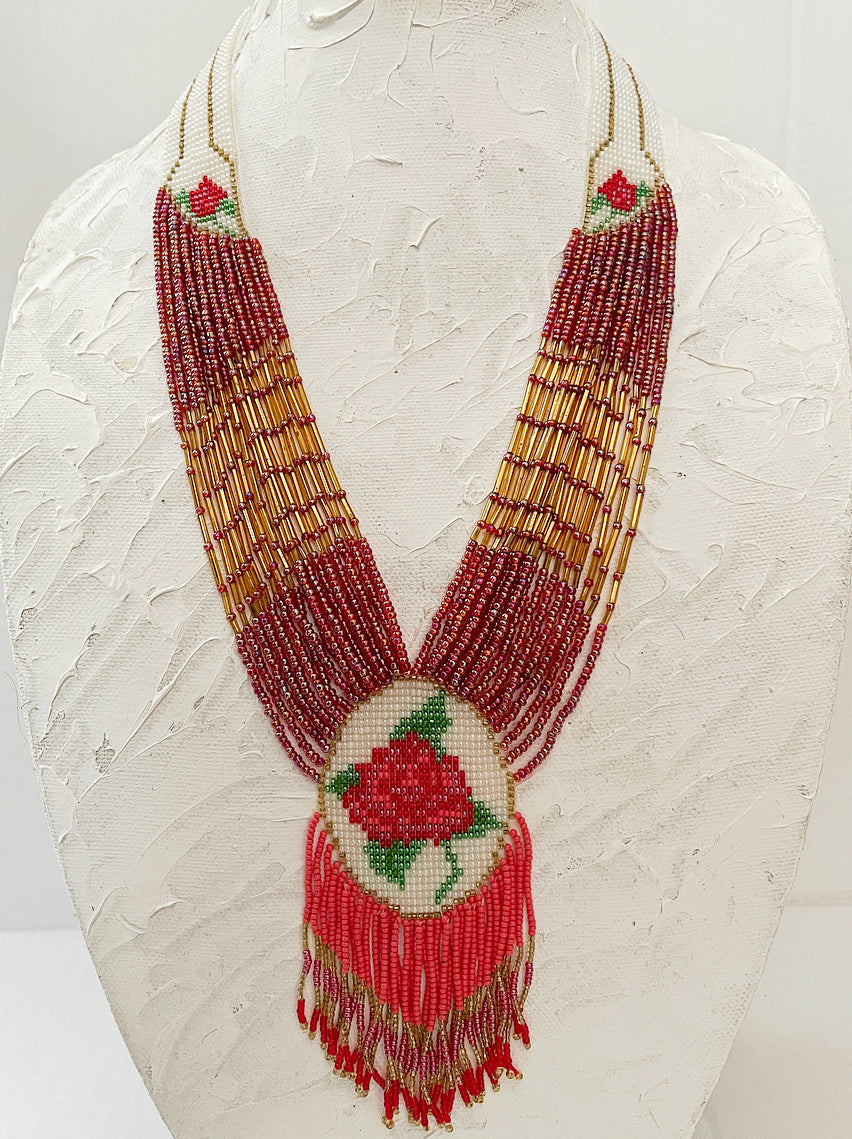 Vintage glass seed bead rose tassel necklace