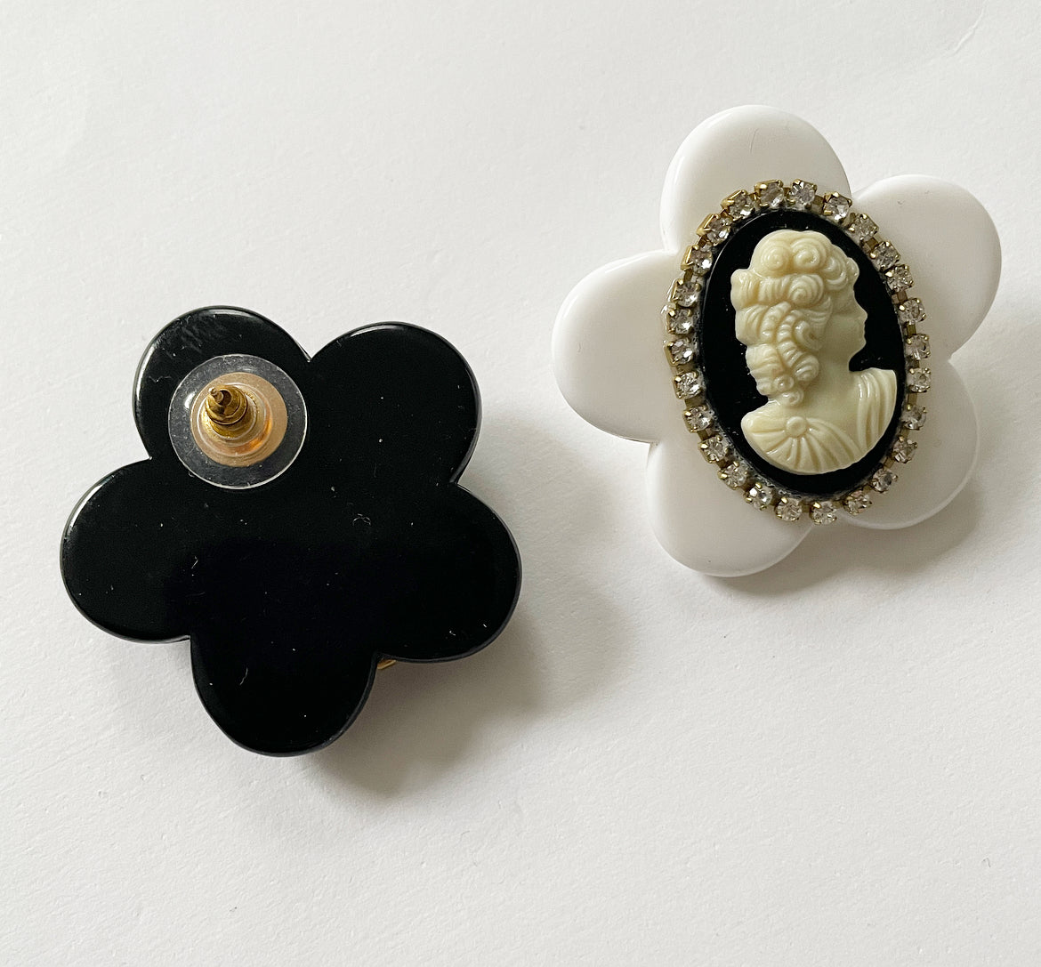 Mismatched cameo rhinestone earrings