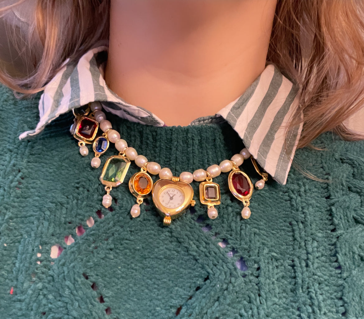 Rhinestone party heart watch necklace