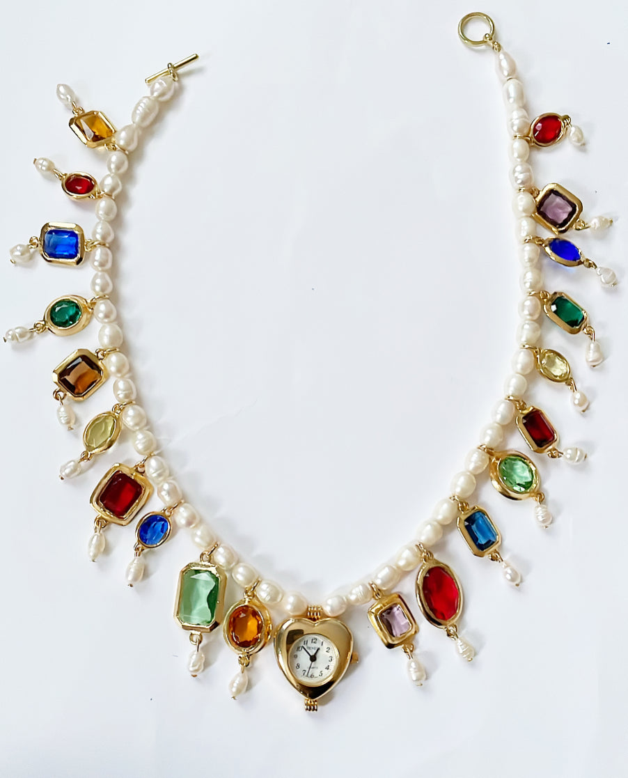 Rhinestone party heart watch necklace