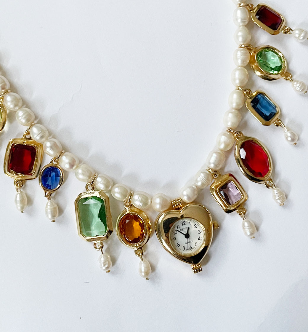 Rhinestone party heart watch necklace