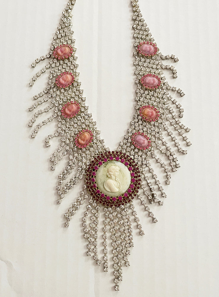 Vintage revival cameo rhinestone fringe necklace