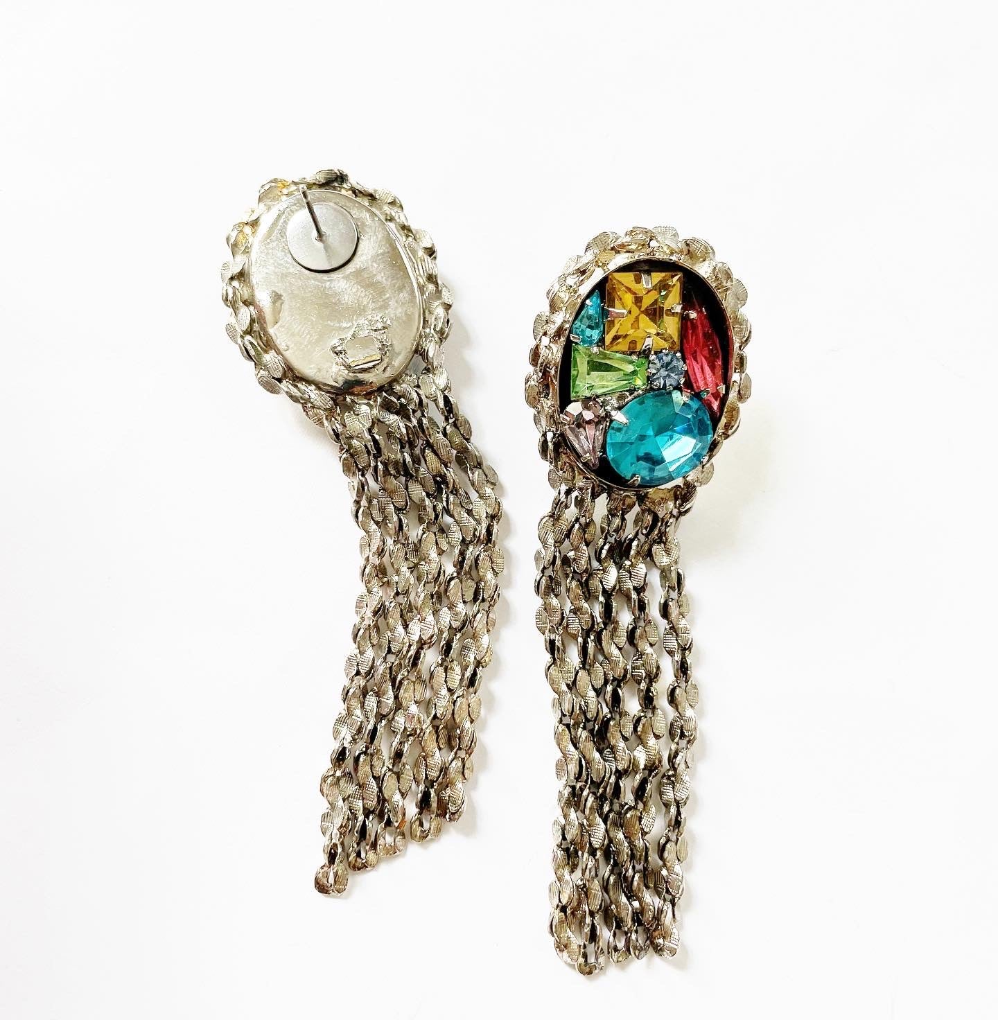 Vintage silver chain tassel rhinestone earrings