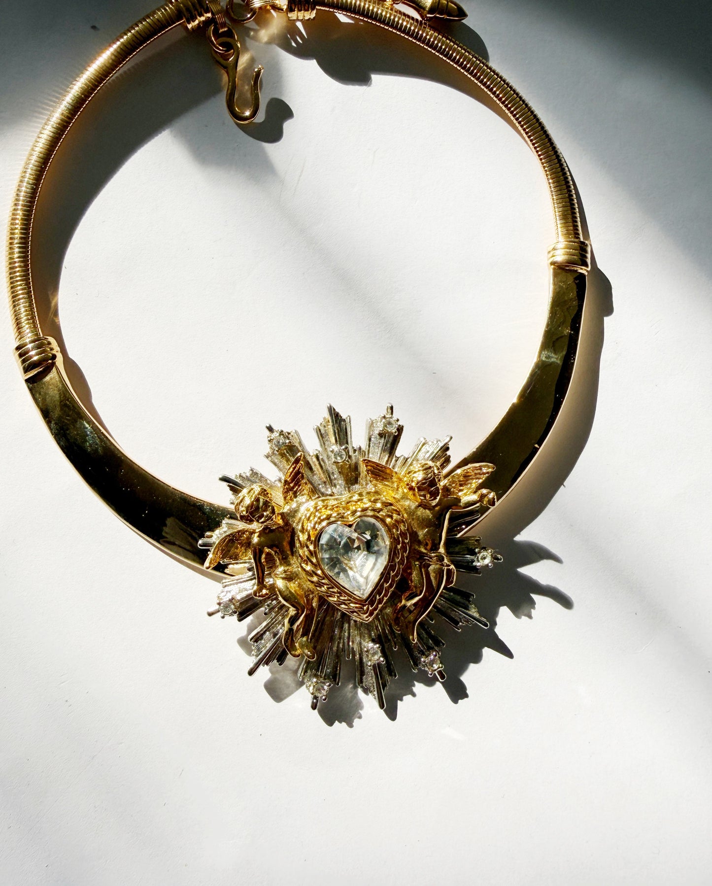 Double cherub heart choker necklace