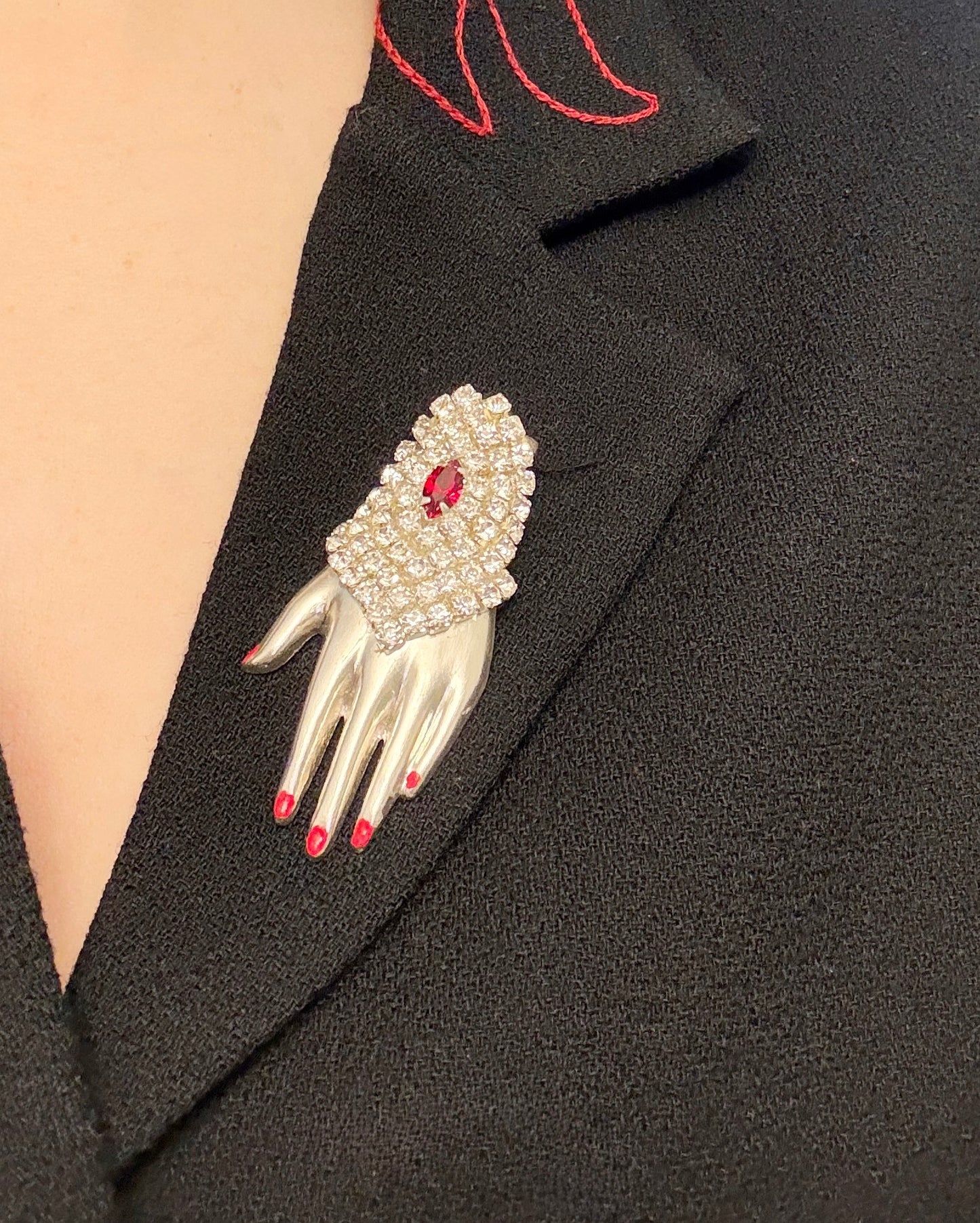 Regal rhinestone sterling silver hand brooch