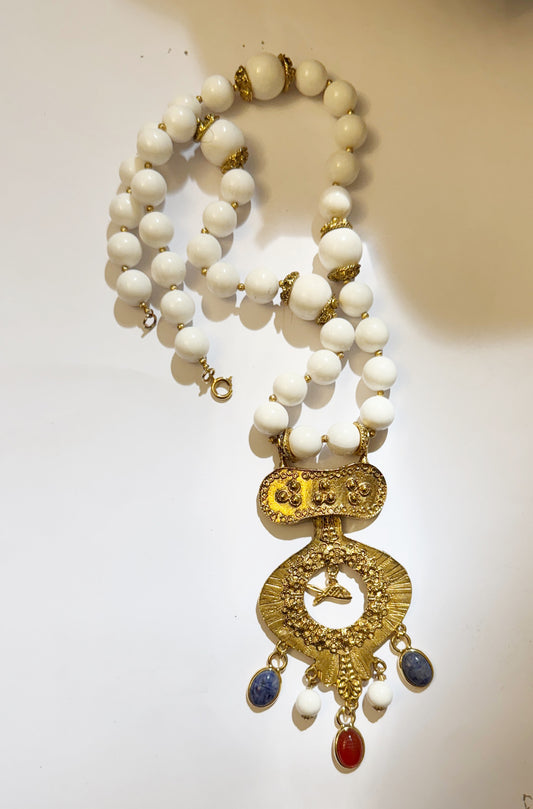 Vintage bead fish and scarab beetle necklace