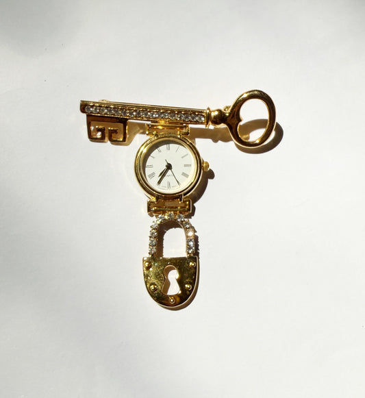 Lock and key watch brooch