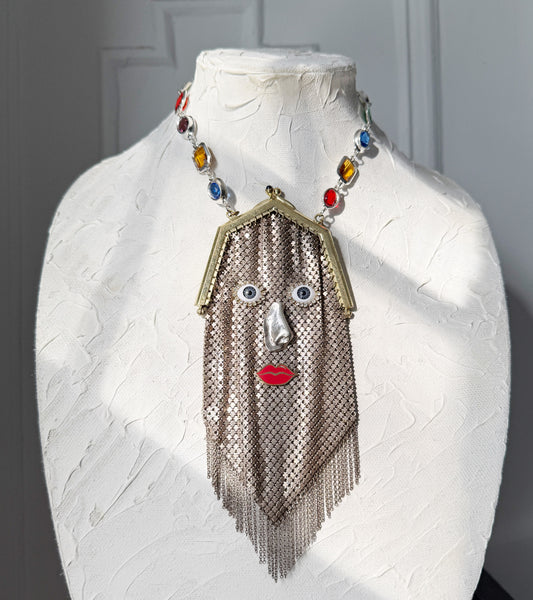 Ode to the master mini mesh silver purse necklace