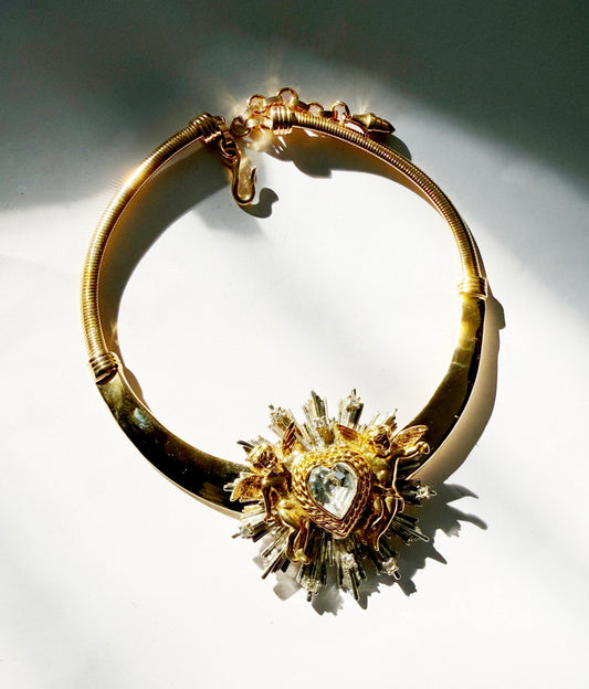 Double cherub heart choker necklace