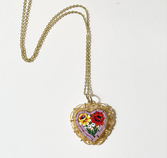 Vintage micro mosaic heart necklace