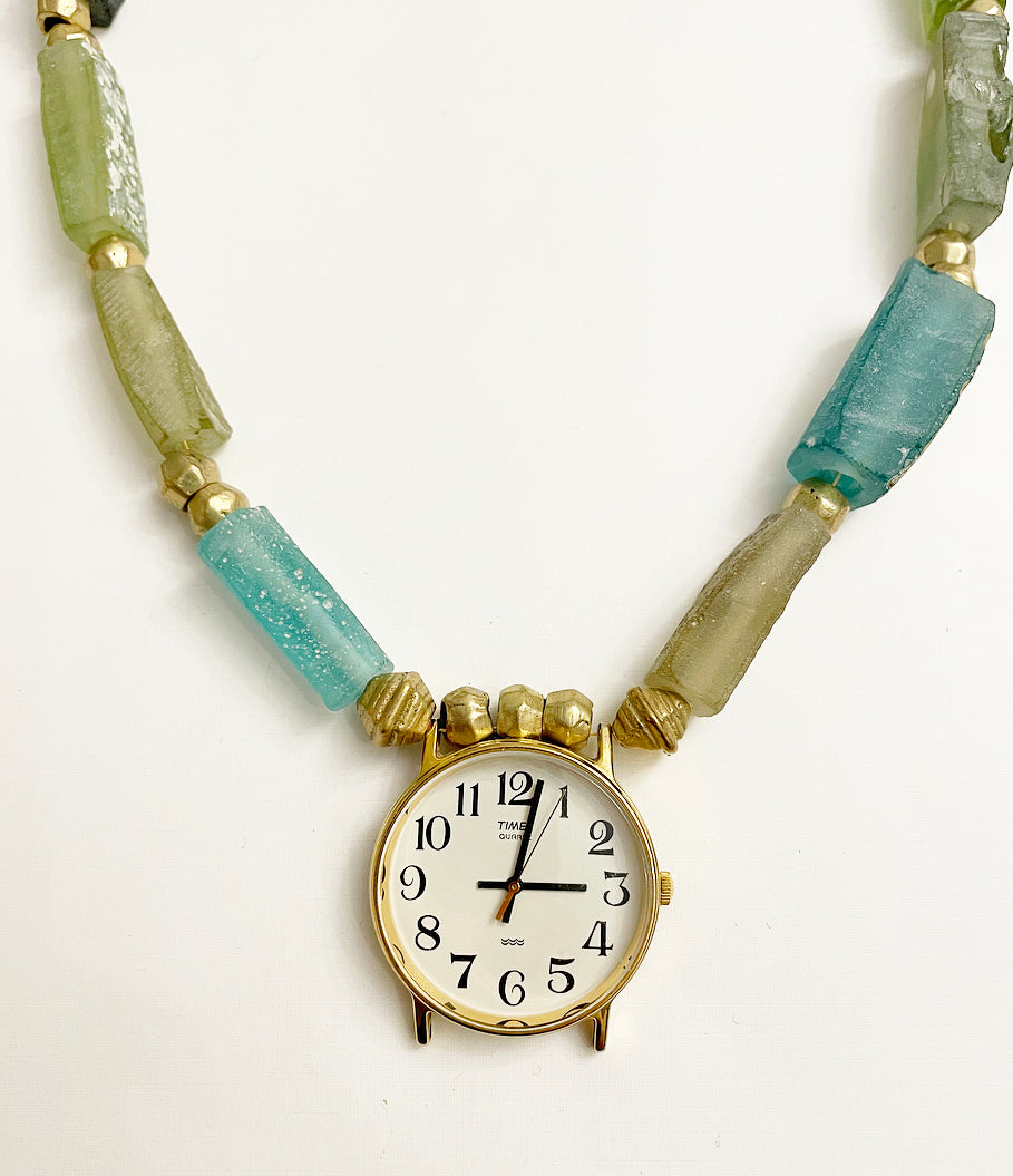 Watch glass bead necklace