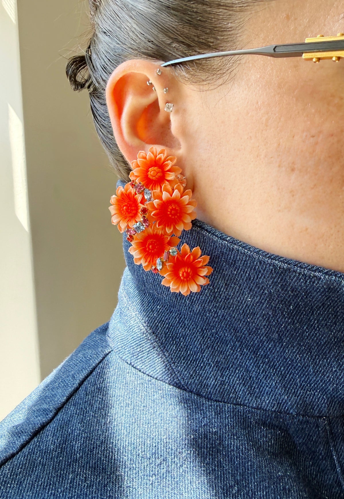 Rhinestone floral dahlia crawler earrings