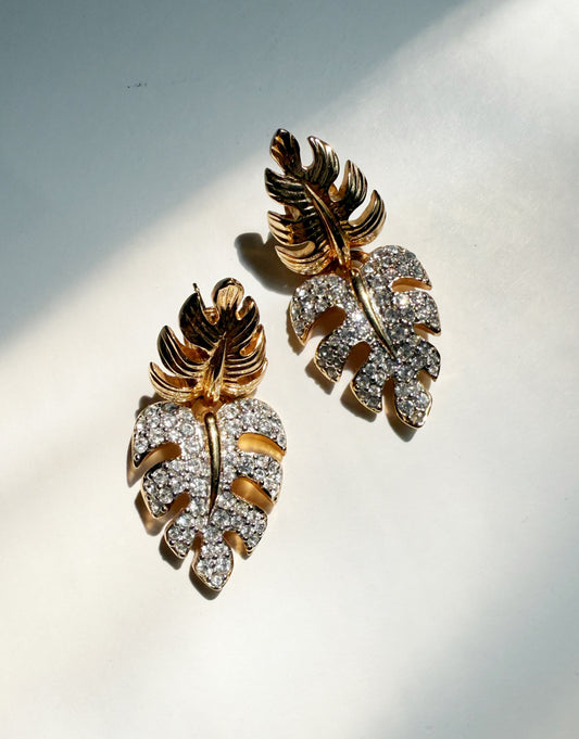 Vintage rare Swarovski rhinestone leaf earrings