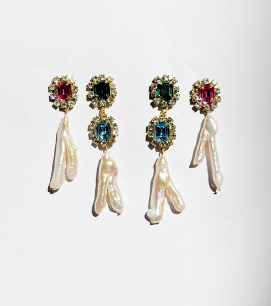 Electric rhinestone blue and green pearl studs