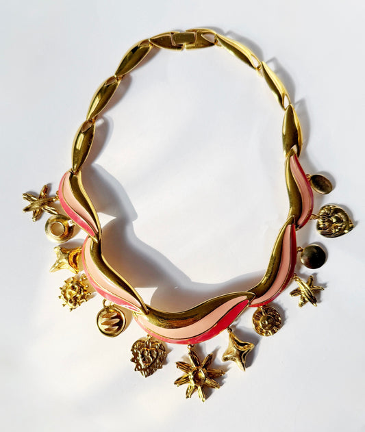 Pink enamel charm necklace