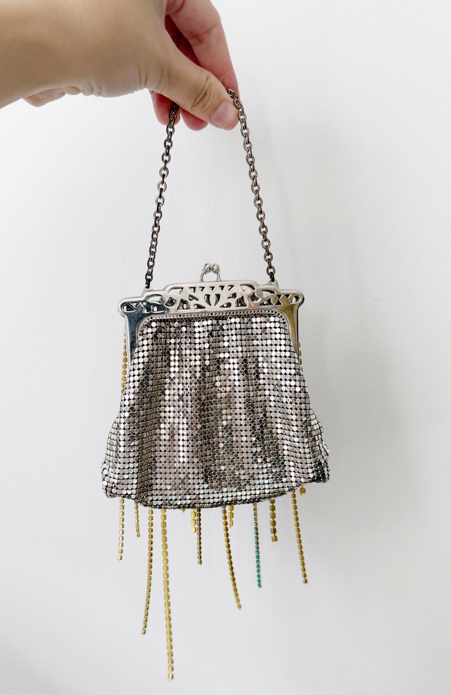 Colossal silver mesh purse