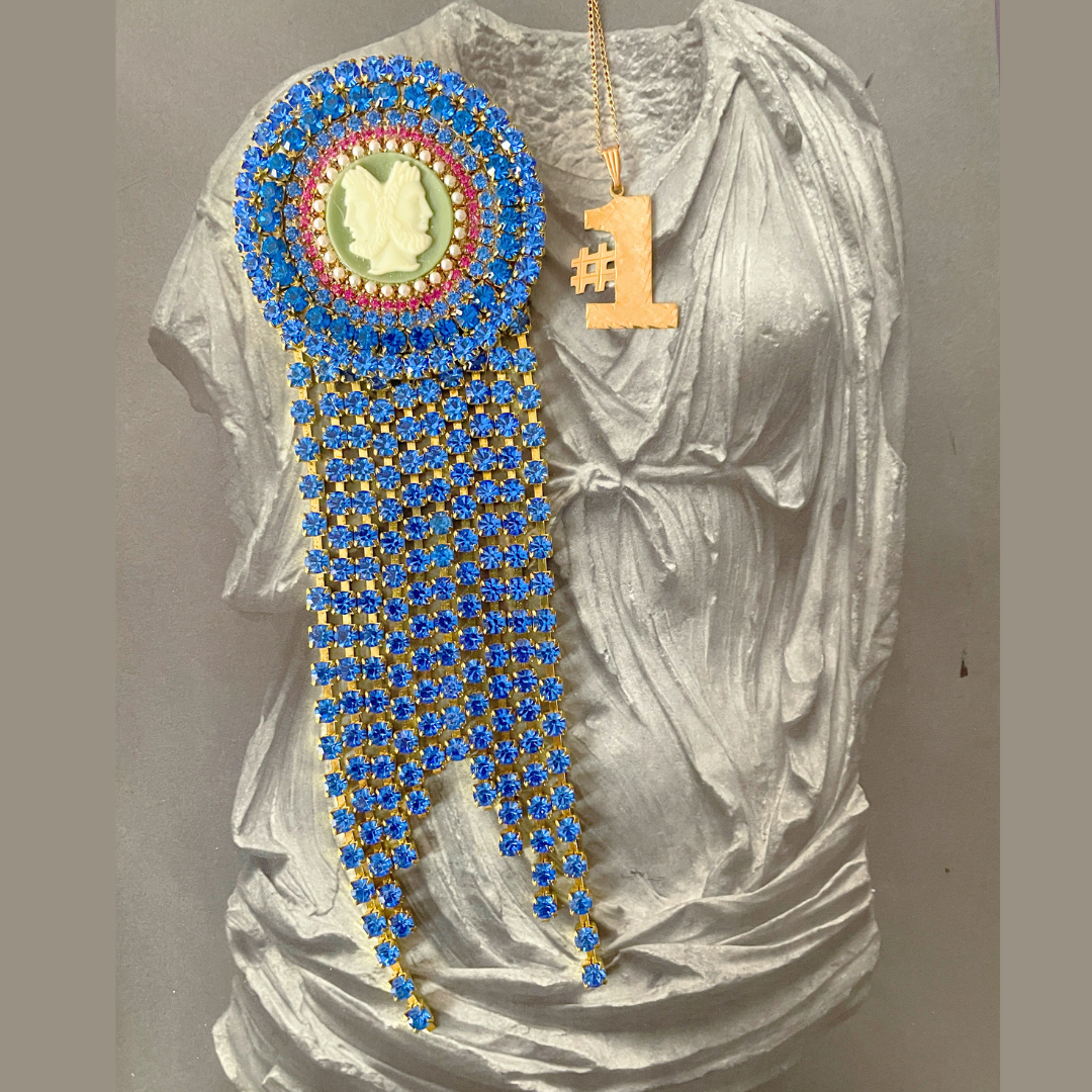 Blue ribbon cameo brooch