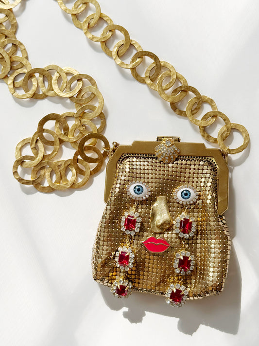 Ode to the master crybaby rhinestone mesh purse necklace