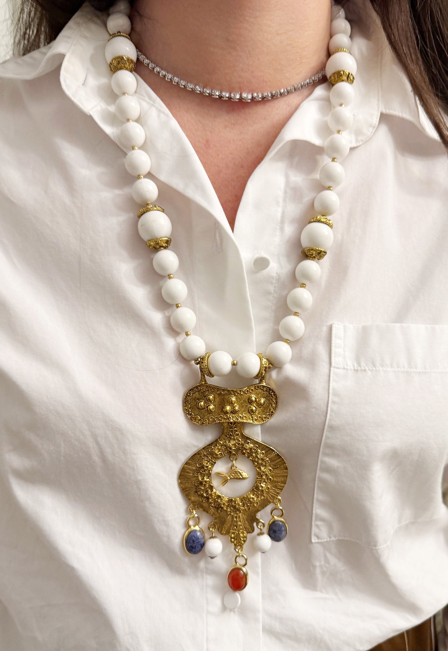 Vintage bead fish and scarab beetle necklace