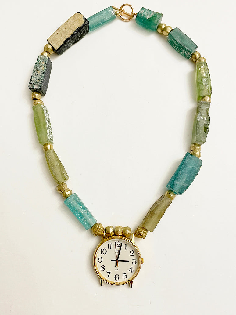 Watch glass bead necklace