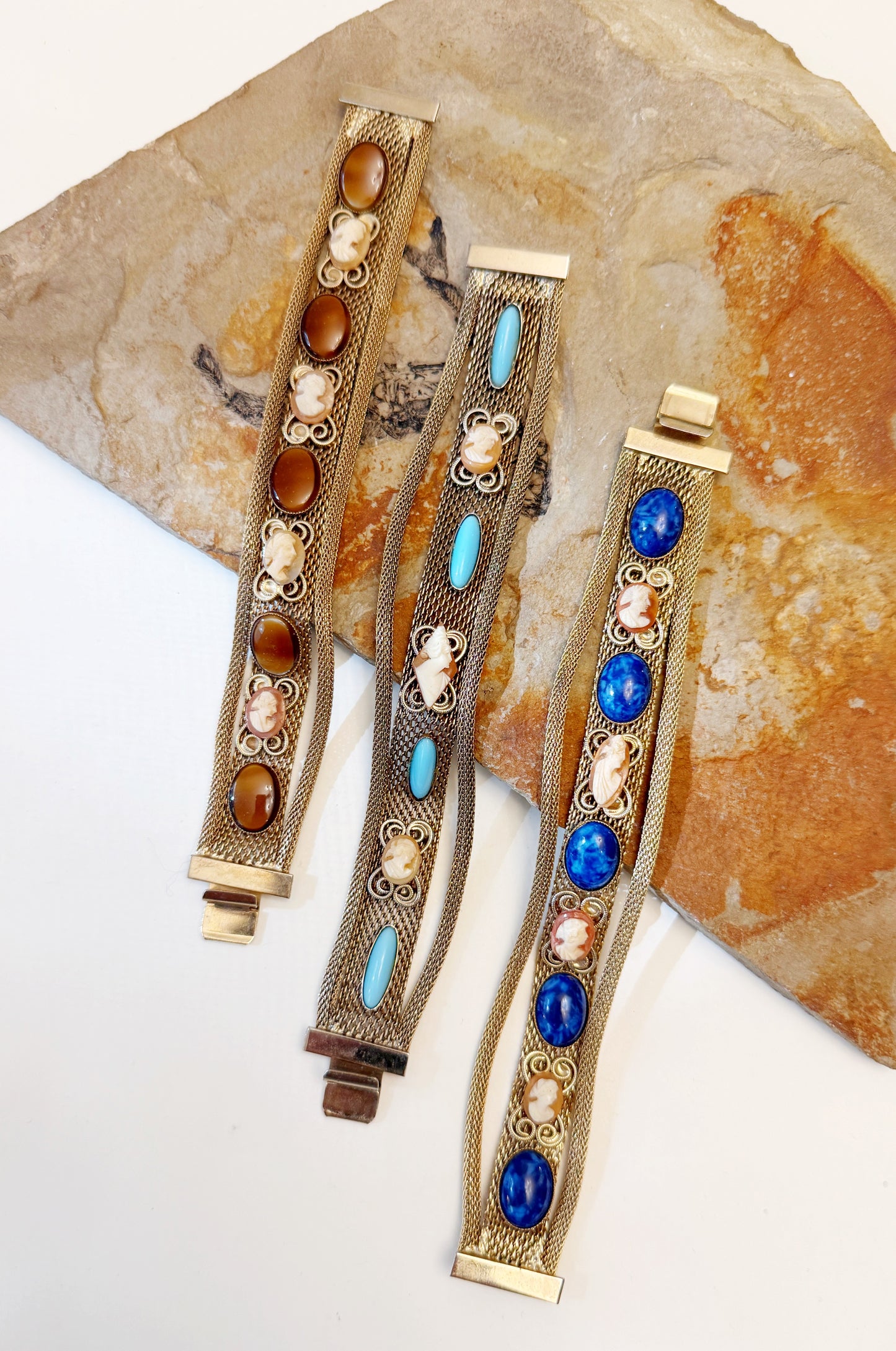 Gold mesh cameo chain bracelets