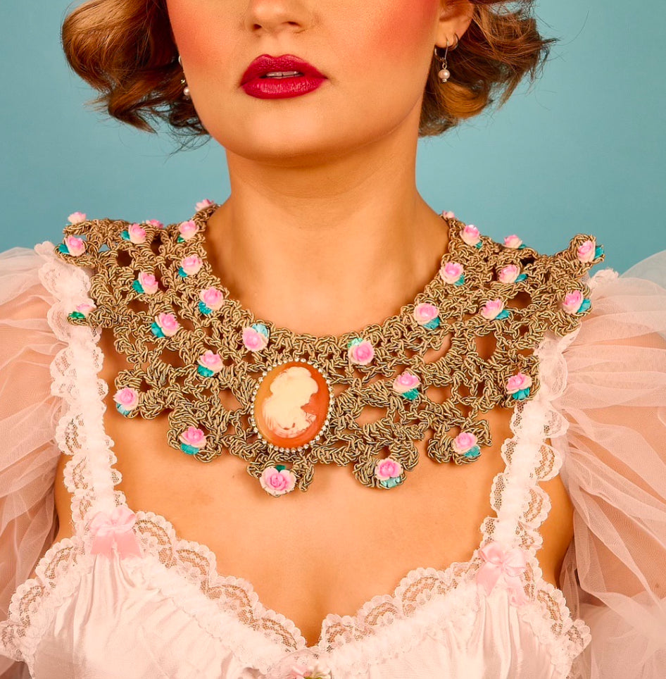 Cameo rose bib necklace