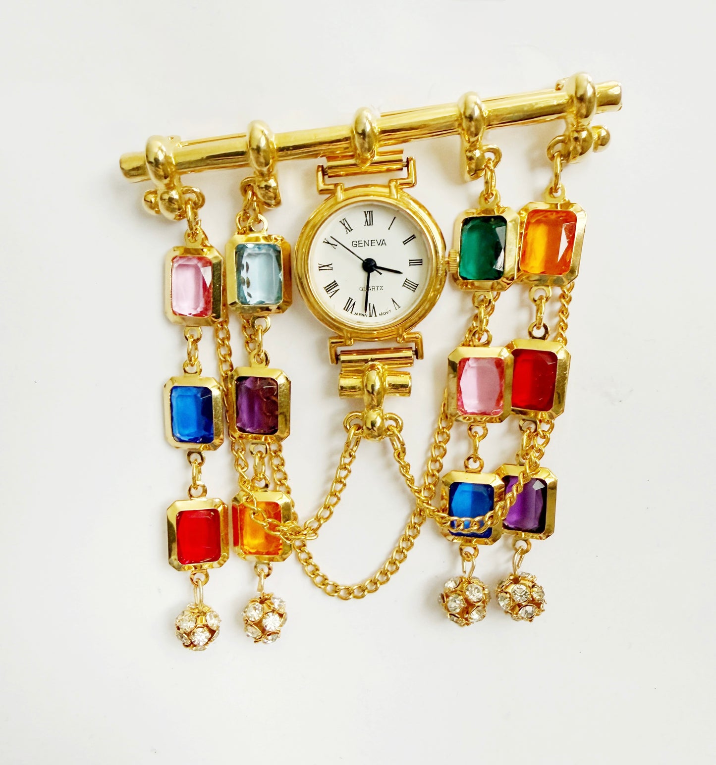 Multi color chain watch brooch