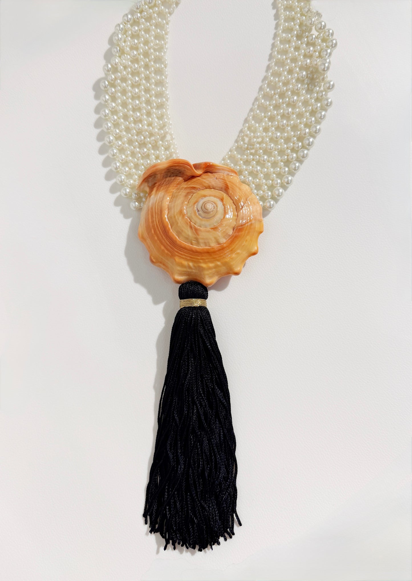 Faux pearl shell fringe statement necklace