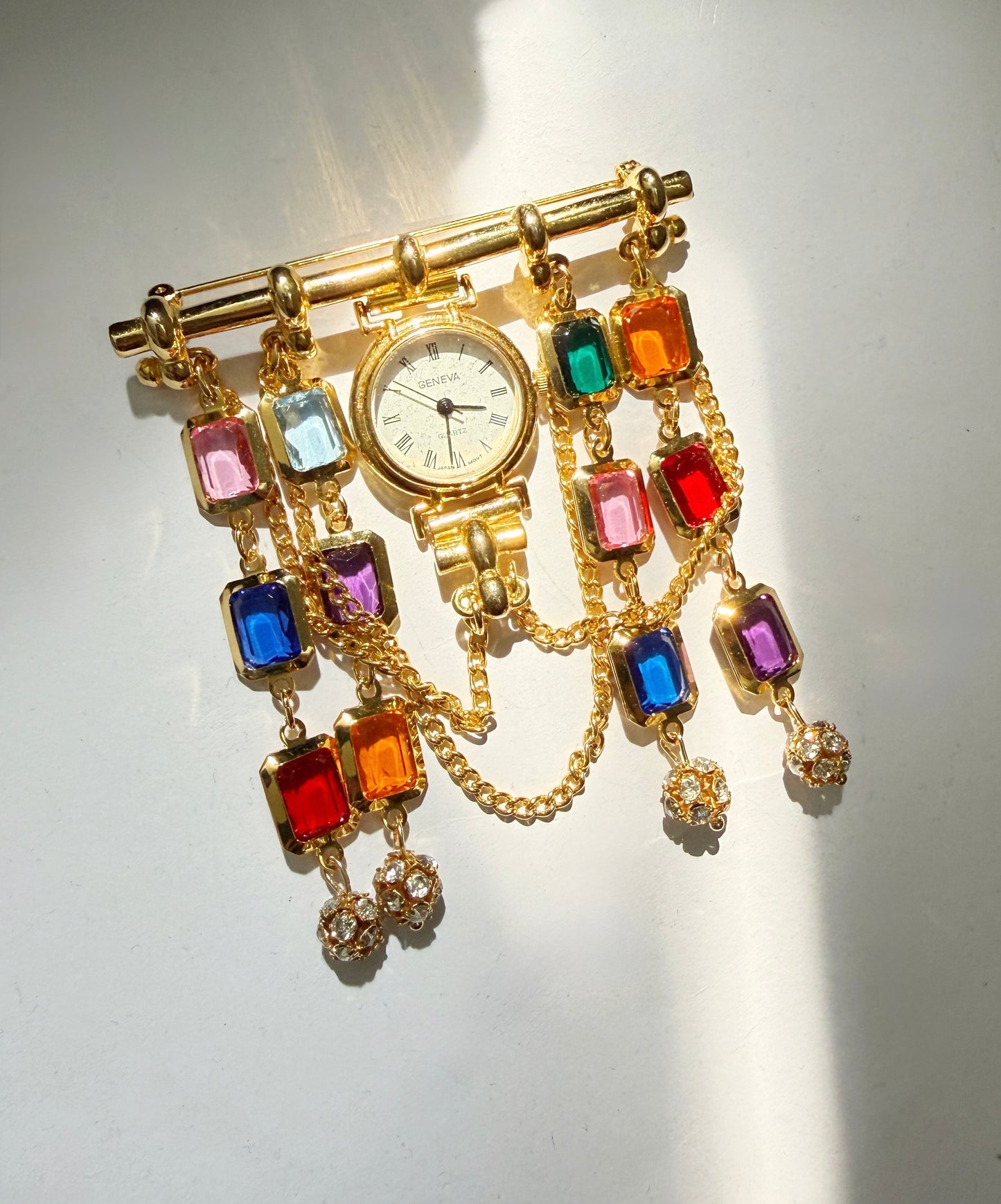 Multi color chain watch brooch