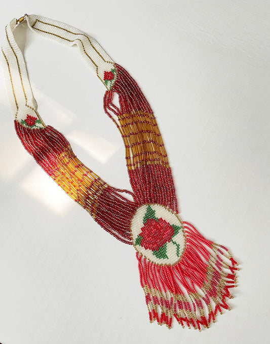 Vintage glass seed bead rose tassel necklace