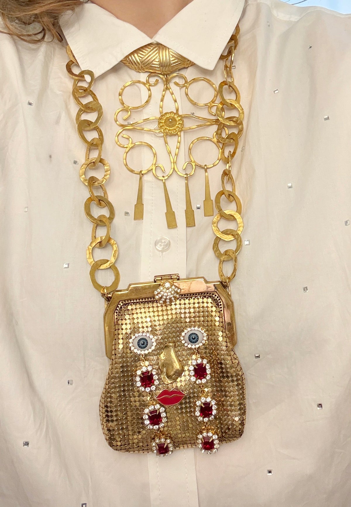 Ode to the master crybaby rhinestone mesh purse necklace