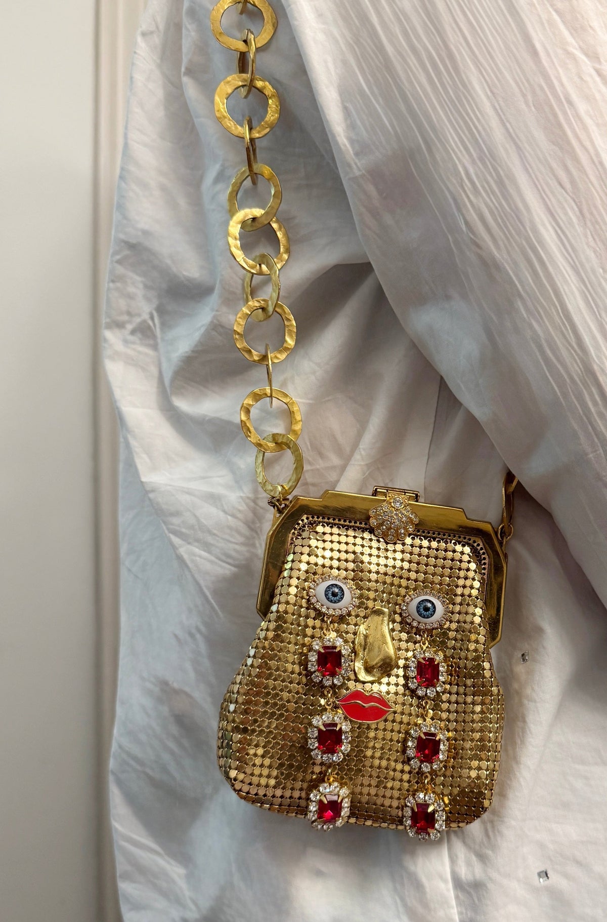 Ode to the master crybaby rhinestone mesh purse necklace