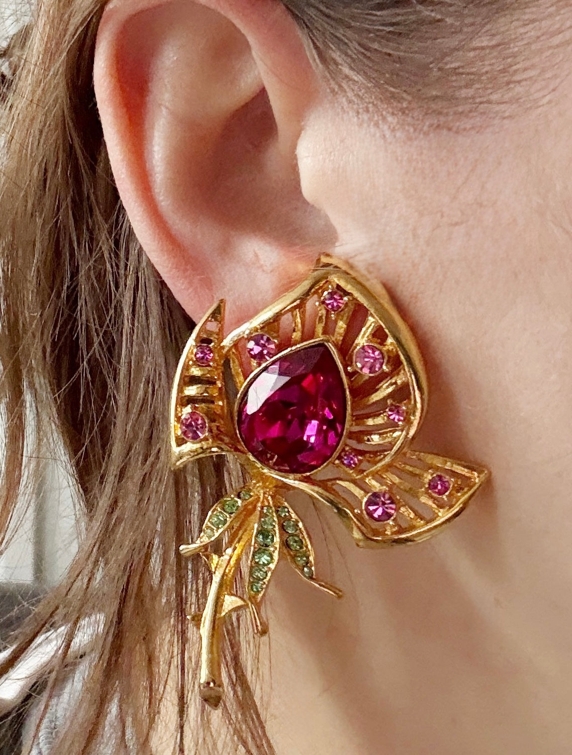 Vintage rhinestone flower statement earrings