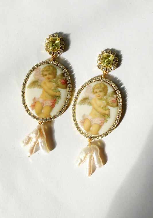 Cherub rhinestone pearl earrings