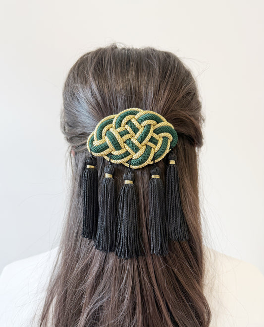 Green fringe tassel french barrette