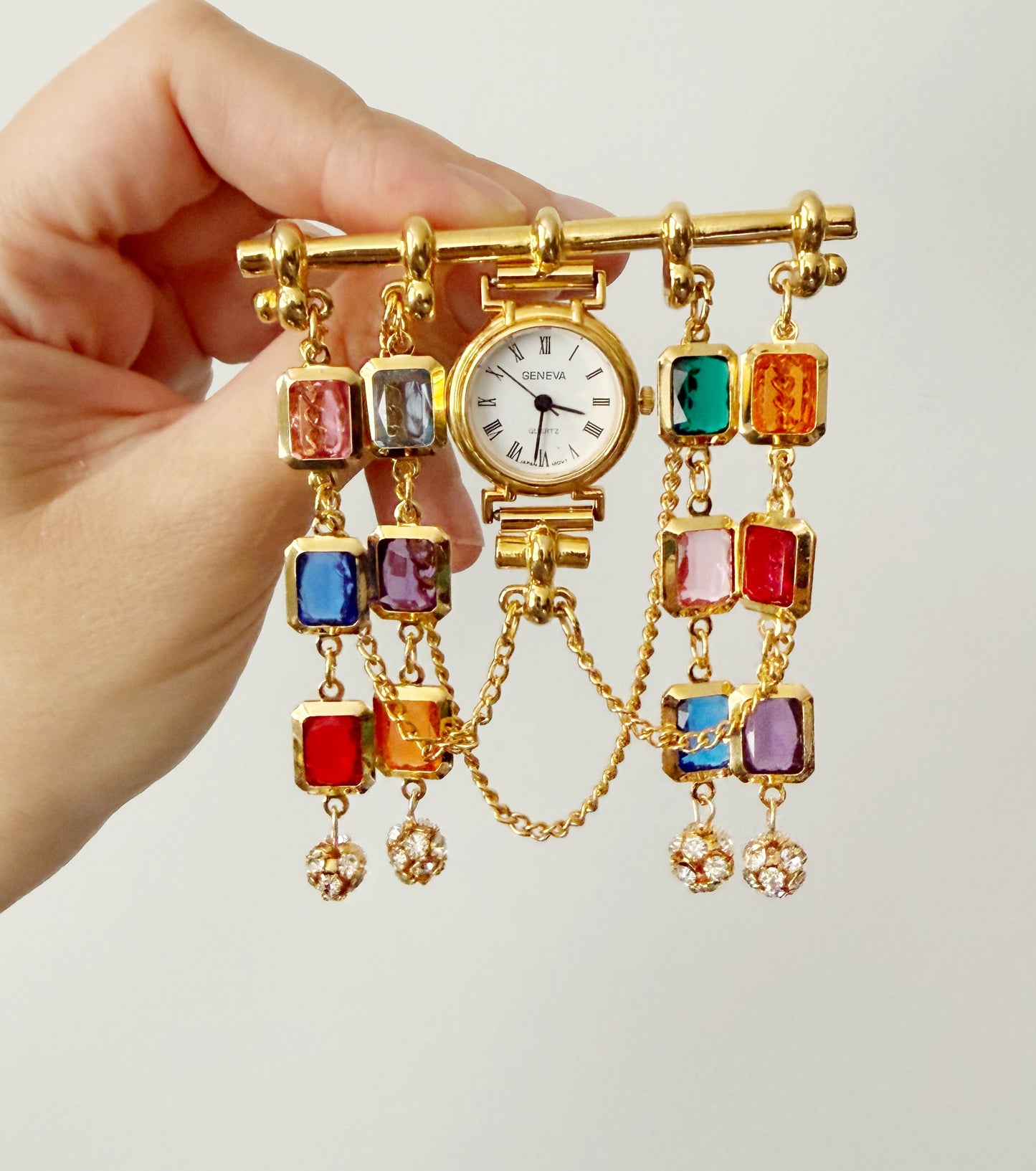 Multi color chain watch brooch