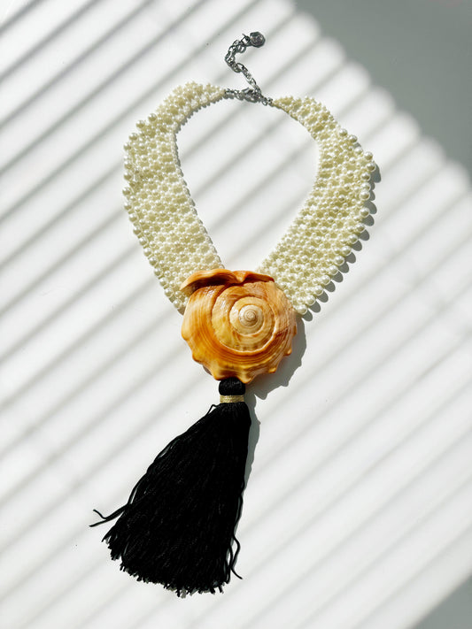 Faux pearl shell fringe statement necklace