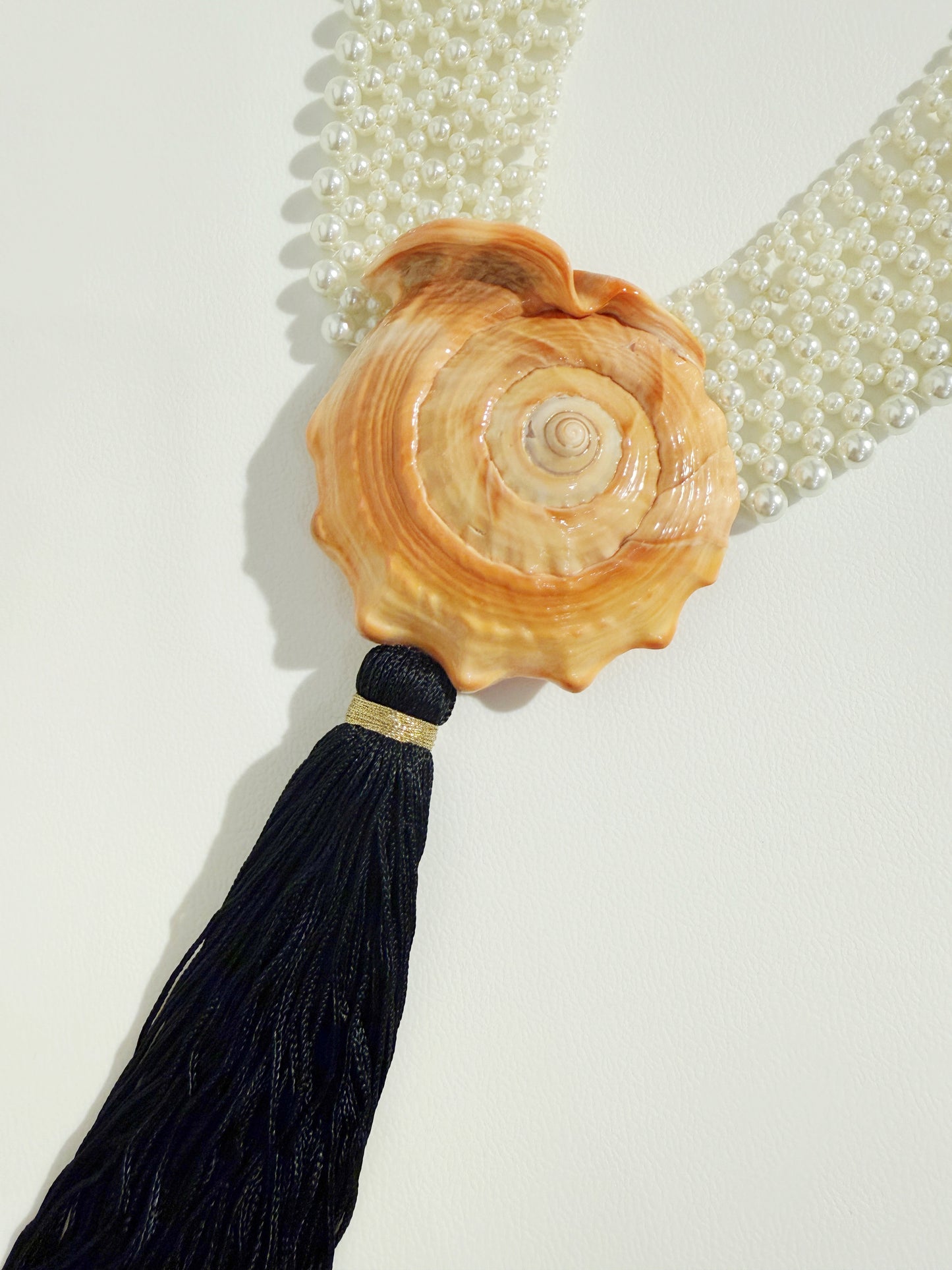 Faux pearl shell fringe statement necklace