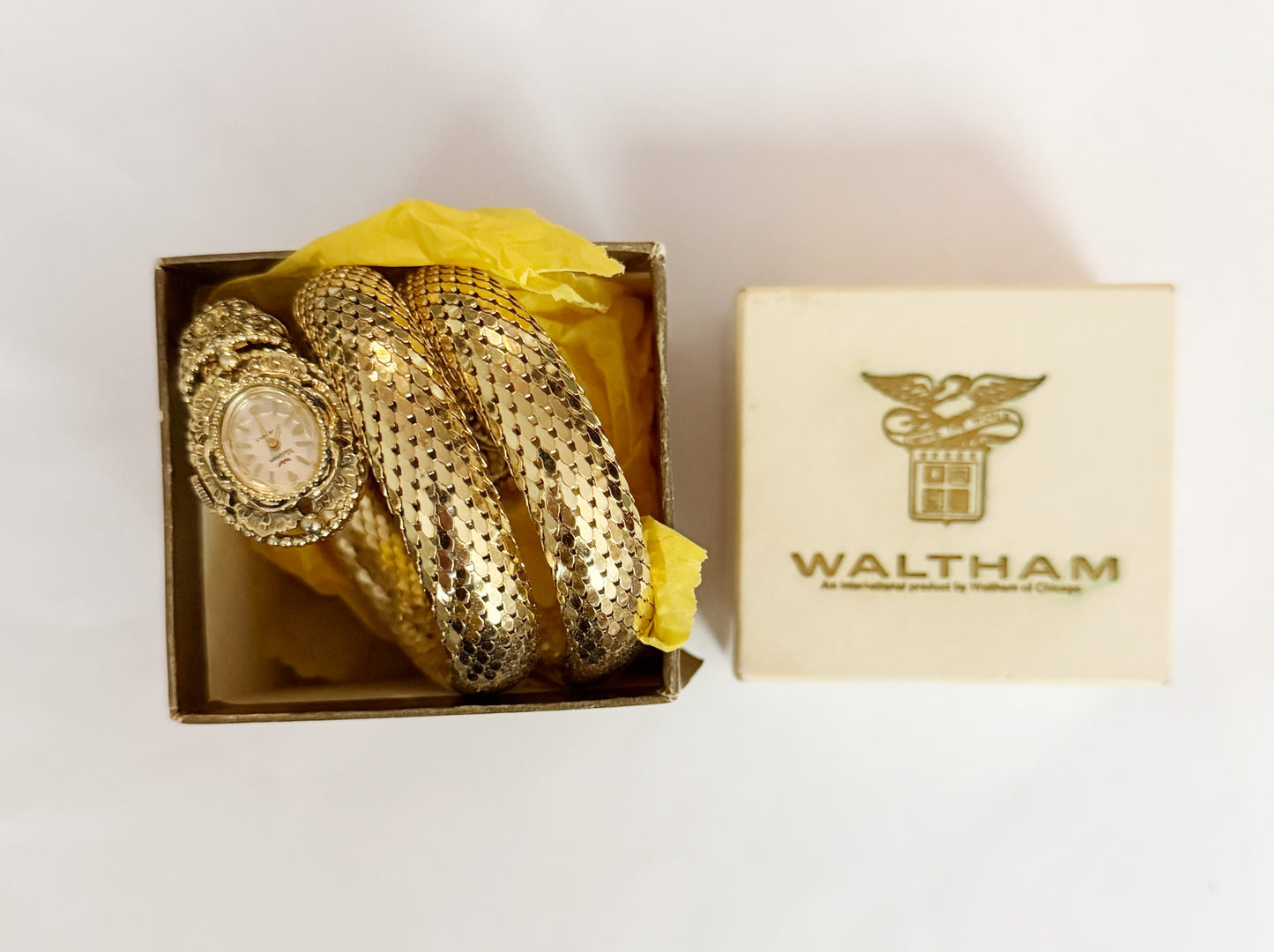 Vintage gold mesh Waltham snake watch NIB