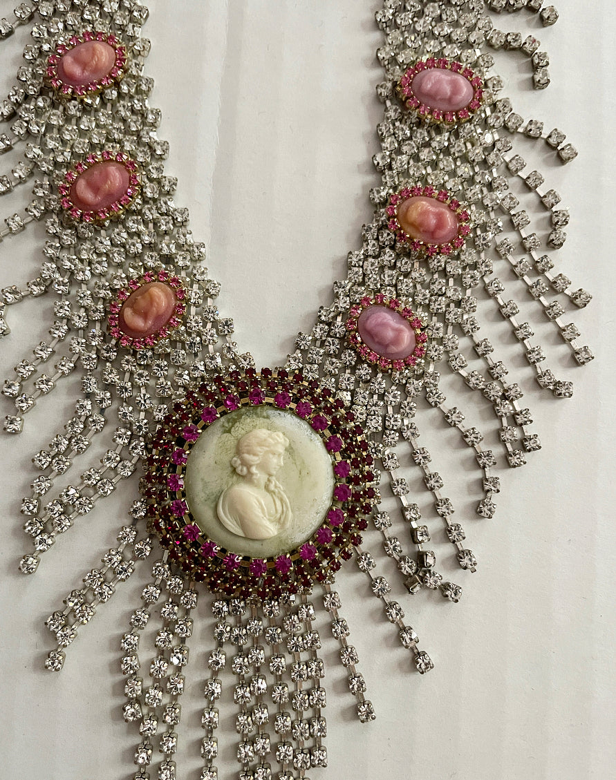 Vintage revival cameo rhinestone fringe necklace