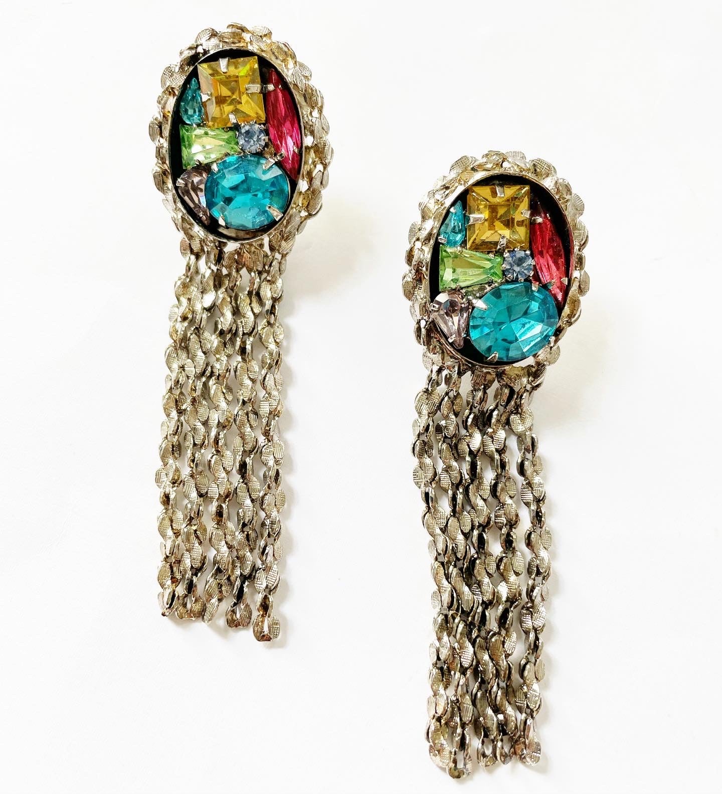 Vintage silver chain tassel rhinestone earrings