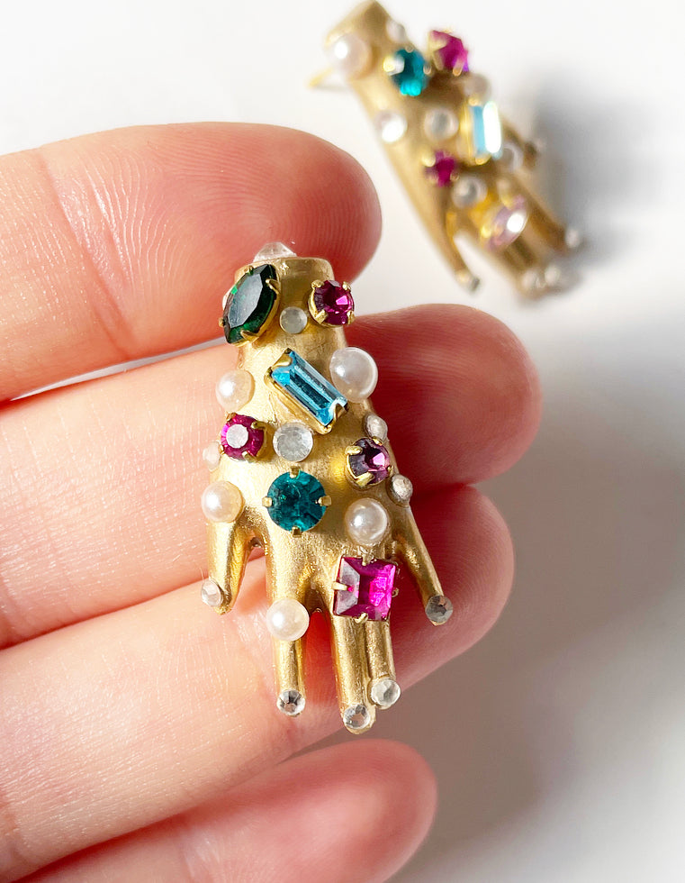 Mini confetti rhinestone ceramic hand earrings